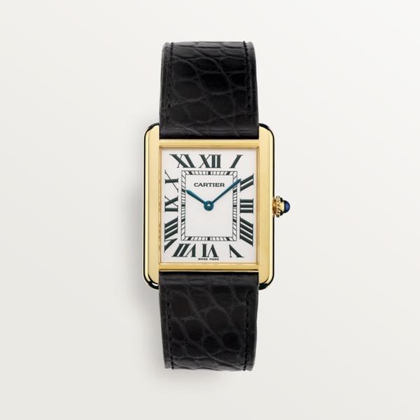TANK SOLO WATCH LARGE MODEL, QUARTZ MOVEMENT, YELLOW GOLD, STEEL, LEATHER