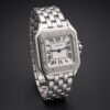 Cartier Panthère W4PN0008 steel watch with diamond bezel, angled view