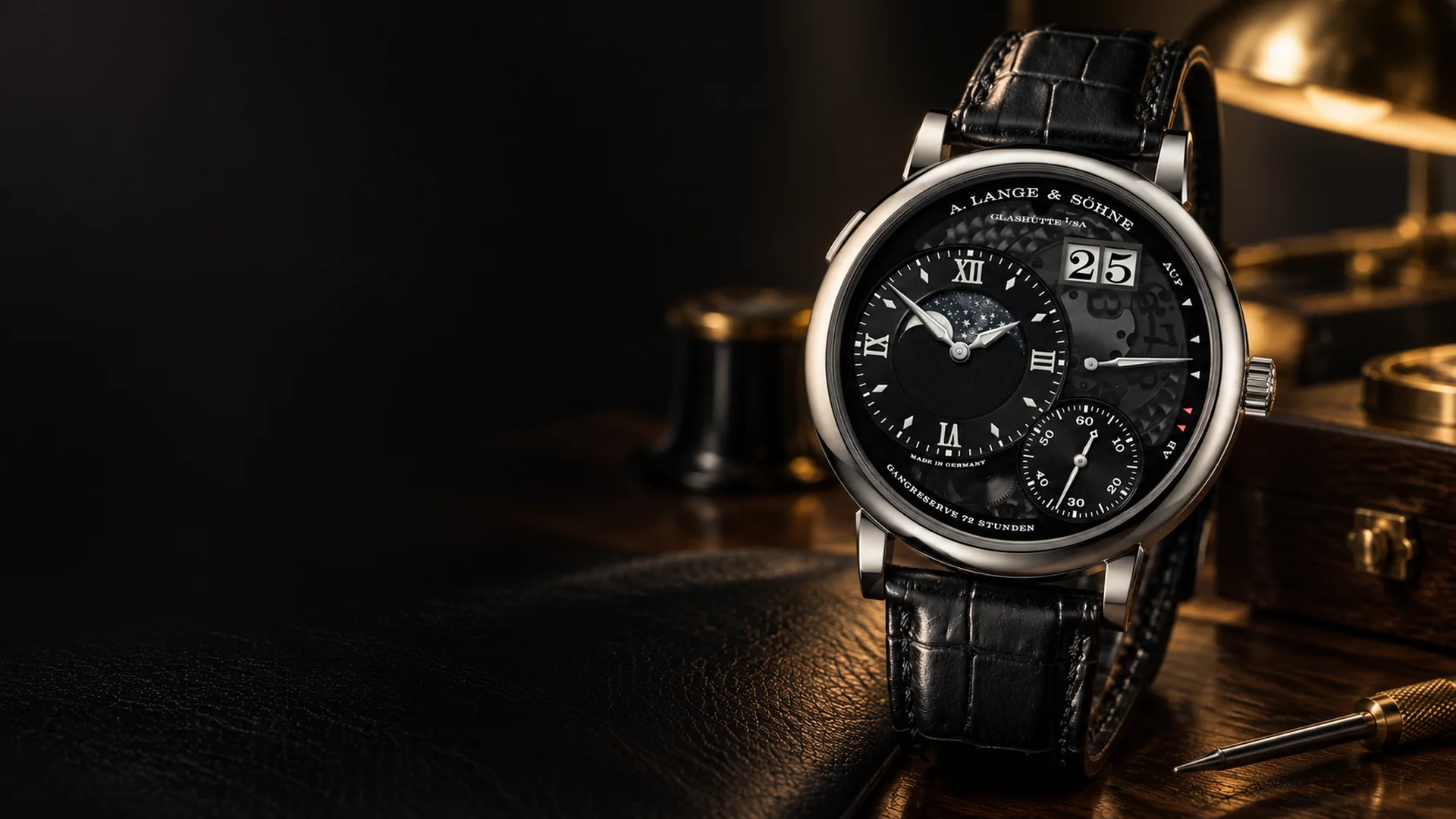 A. Lange & Söhne Moon Phase in a dark, warm collector setting