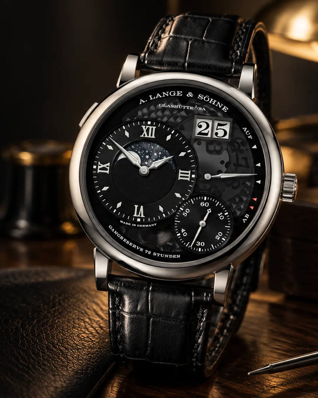 A. Lange and Söhne Moon Phase in a dark, warm collector setting